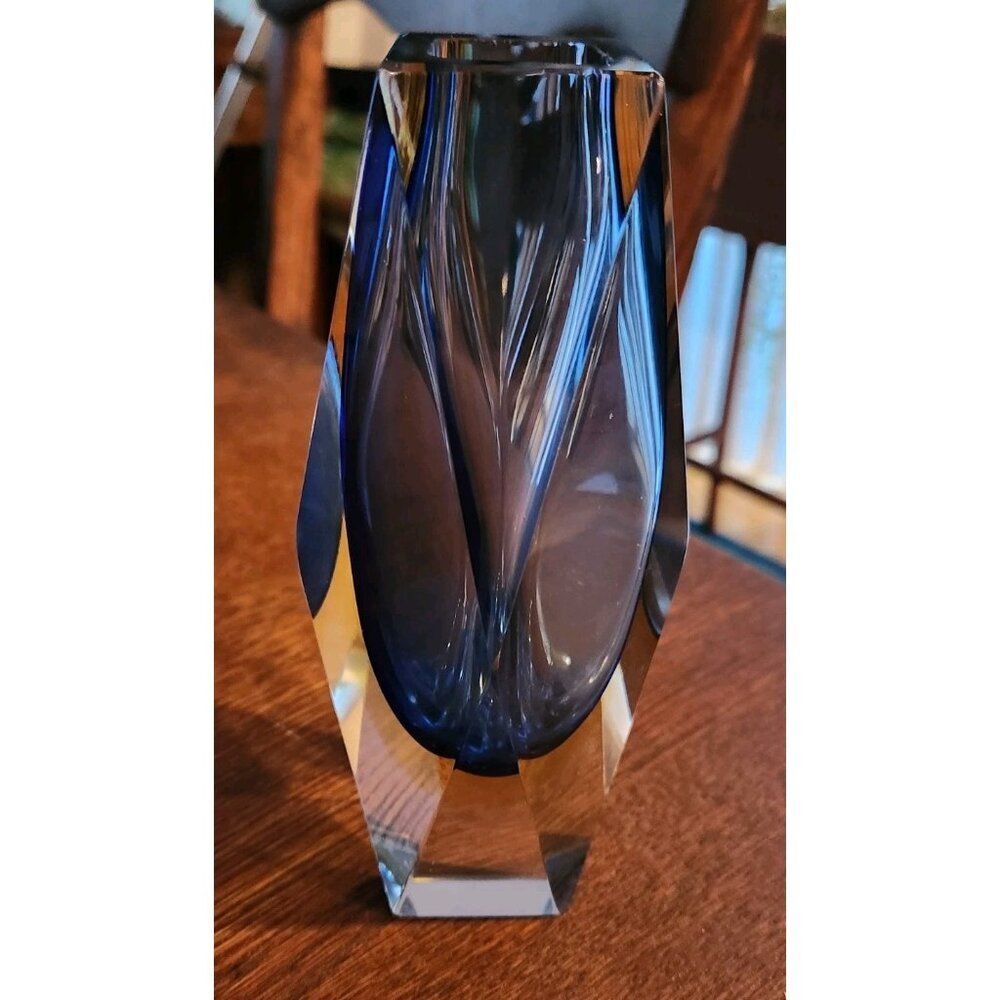 Murano Mandruzzato Sommerso Faceted Glass Blue Gold Layer Vase Italy Vintage 6.5 - Picture 10 of 10